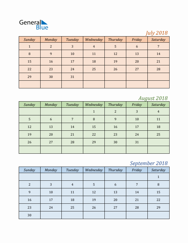 Three-Month Calendar for Year 2018 (July, August, and September)