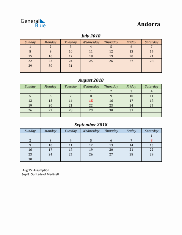 Q3 2018 Holiday Calendar - Andorra