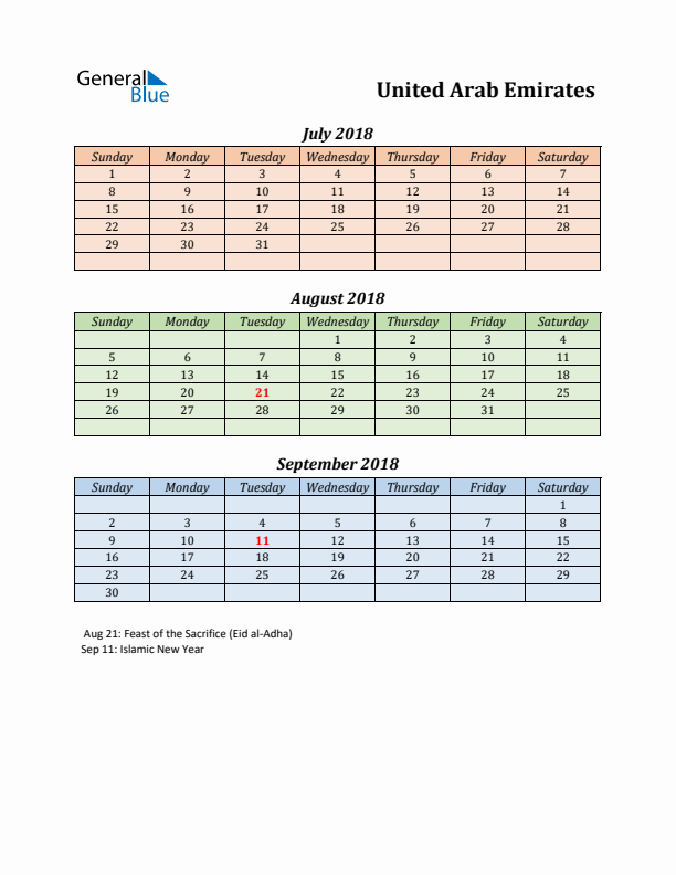 Q3 2018 Holiday Calendar - United Arab Emirates