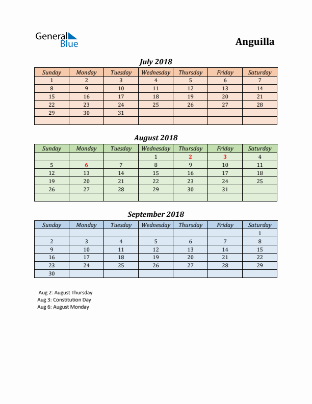 Q3 2018 Holiday Calendar - Anguilla