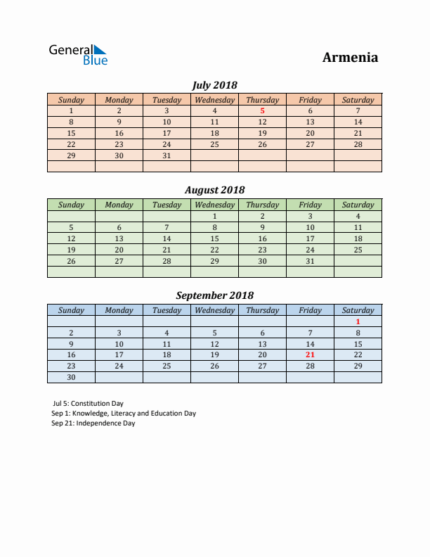 Q3 2018 Holiday Calendar - Armenia