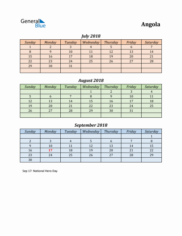 Q3 2018 Holiday Calendar - Angola