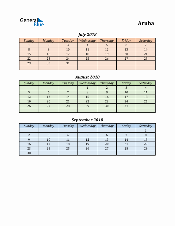 Q3 2018 Holiday Calendar - Aruba