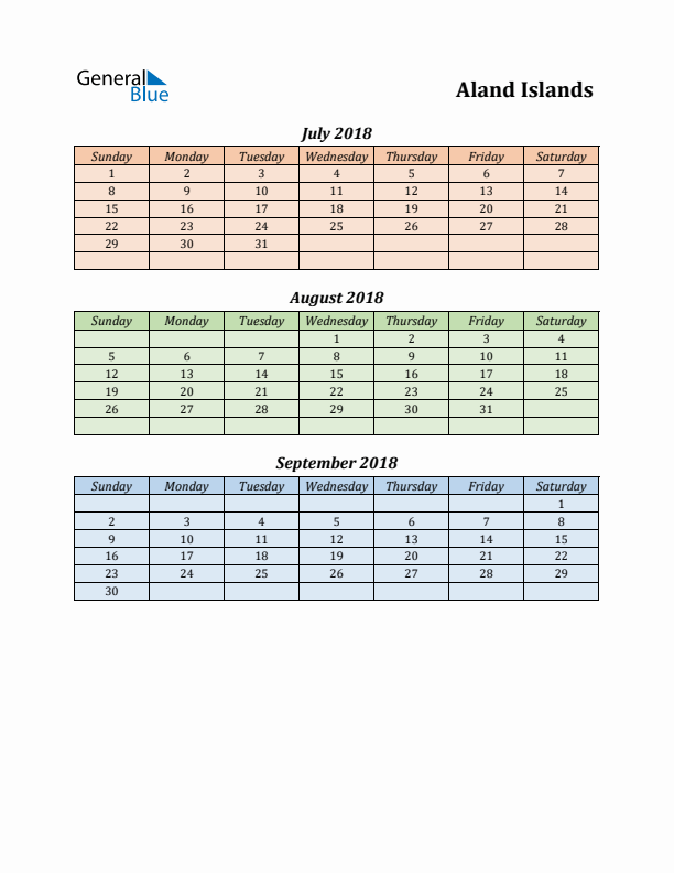 Q3 2018 Holiday Calendar - Aland Islands