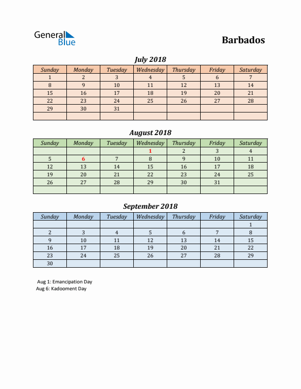 Q3 2018 Holiday Calendar - Barbados