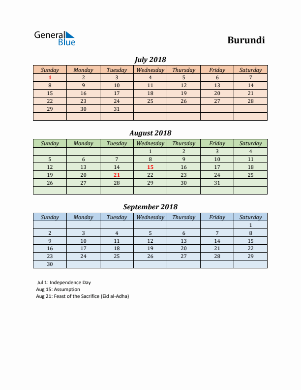 Q3 2018 Holiday Calendar - Burundi