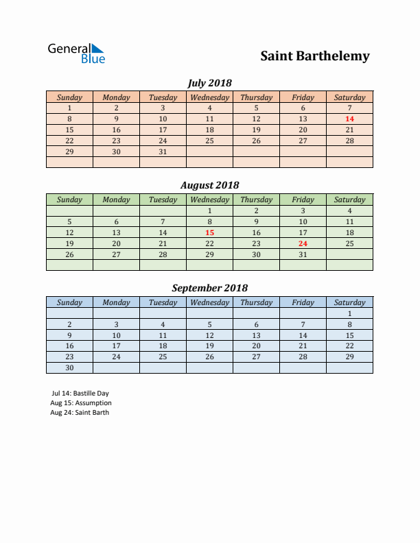 Q3 2018 Holiday Calendar - Saint Barthelemy