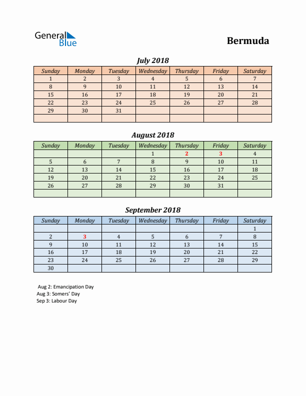 Q3 2018 Holiday Calendar - Bermuda