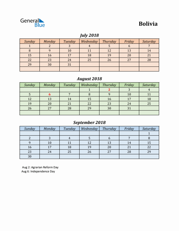 Q3 2018 Holiday Calendar - Bolivia