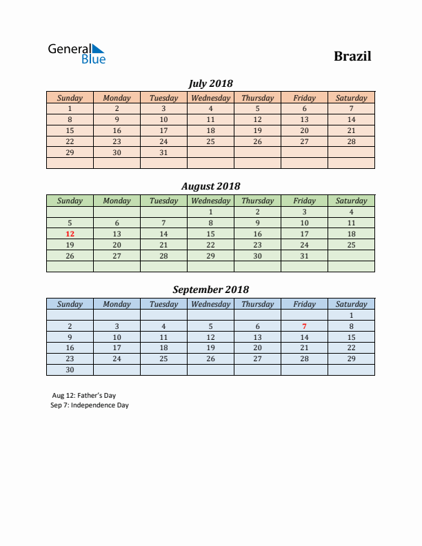 Q3 2018 Holiday Calendar - Brazil