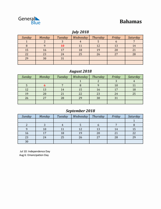 Q3 2018 Holiday Calendar - Bahamas