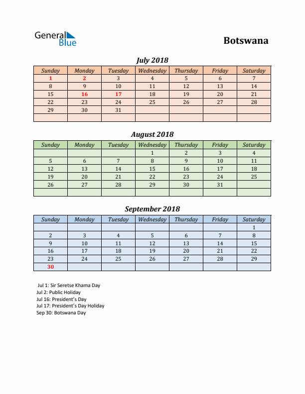 Q3 2018 Holiday Calendar - Botswana