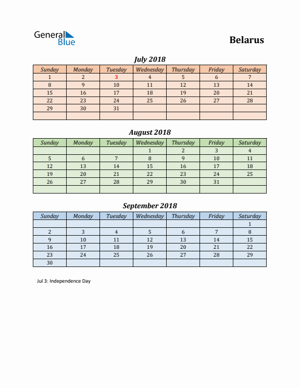 Q3 2018 Holiday Calendar - Belarus