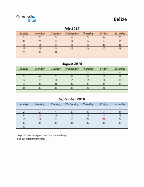 Q3 2018 Holiday Calendar - Belize