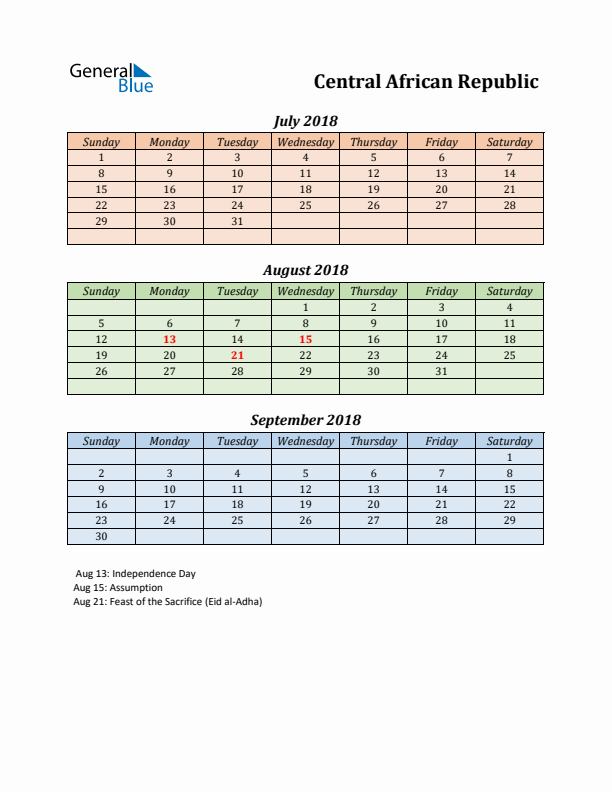 Q3 2018 Holiday Calendar - Central African Republic