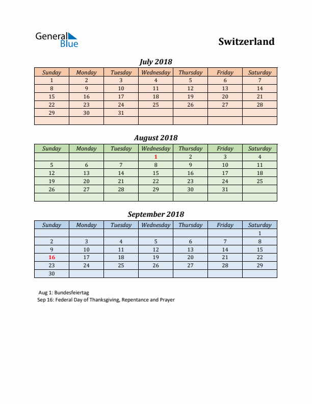 Q3 2018 Holiday Calendar - Switzerland