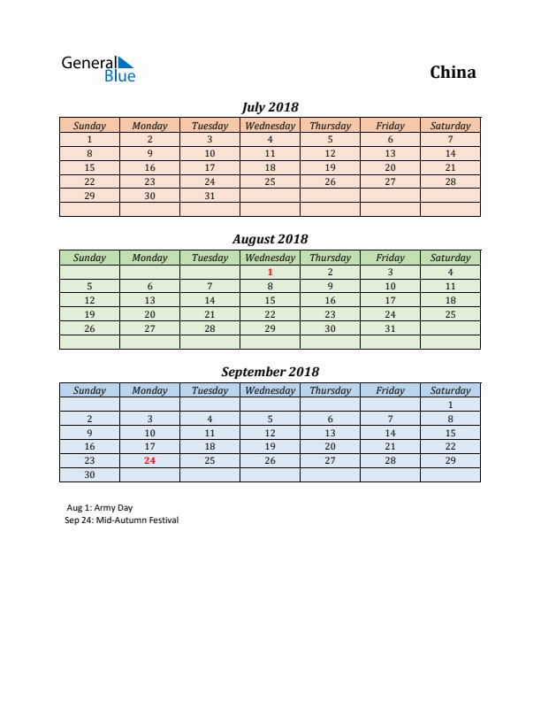 Q3 2018 Holiday Calendar - China