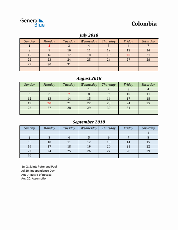 Q3 2018 Holiday Calendar - Colombia