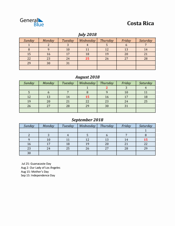 Q3 2018 Holiday Calendar - Costa Rica