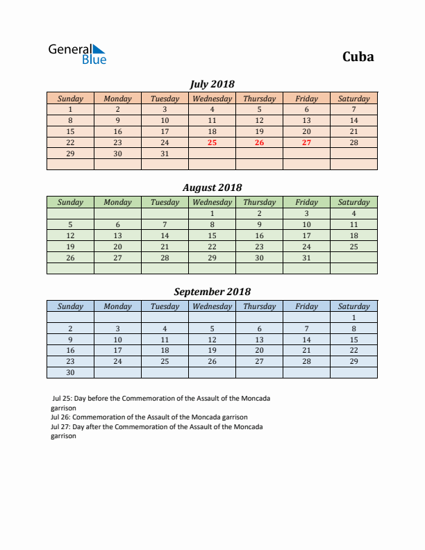 Q3 2018 Holiday Calendar - Cuba