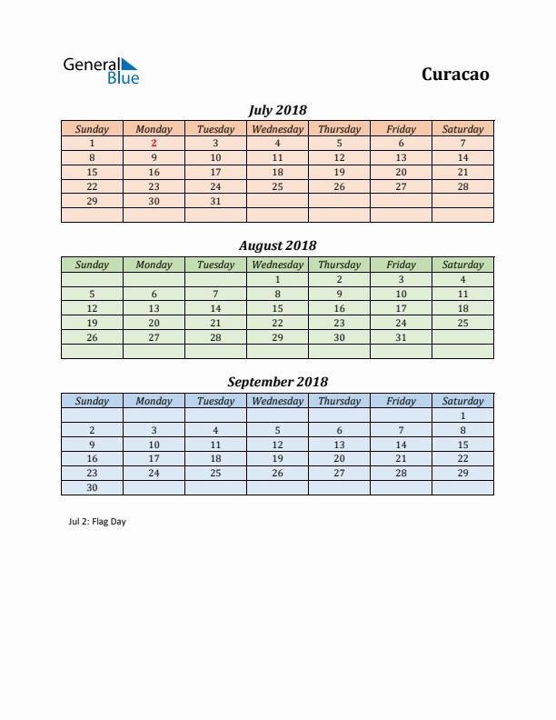 Q3 2018 Holiday Calendar - Curacao