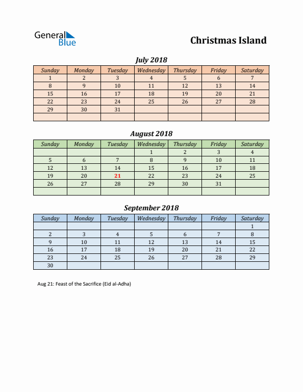 Q3 2018 Holiday Calendar - Christmas Island