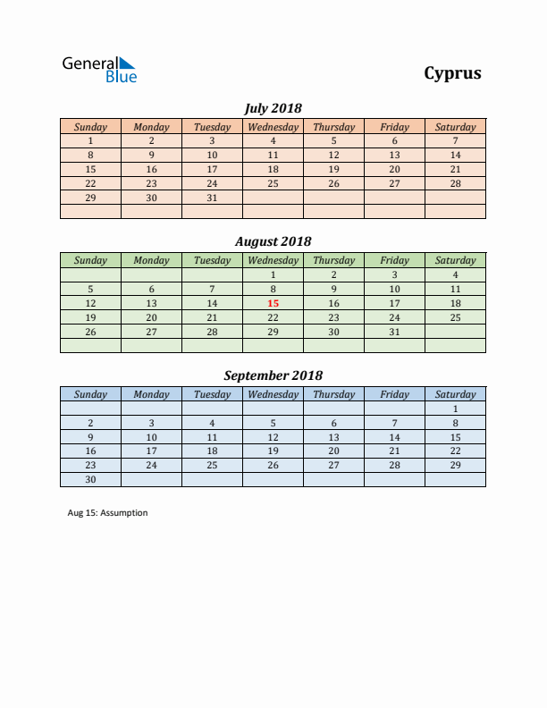 Q3 2018 Holiday Calendar - Cyprus