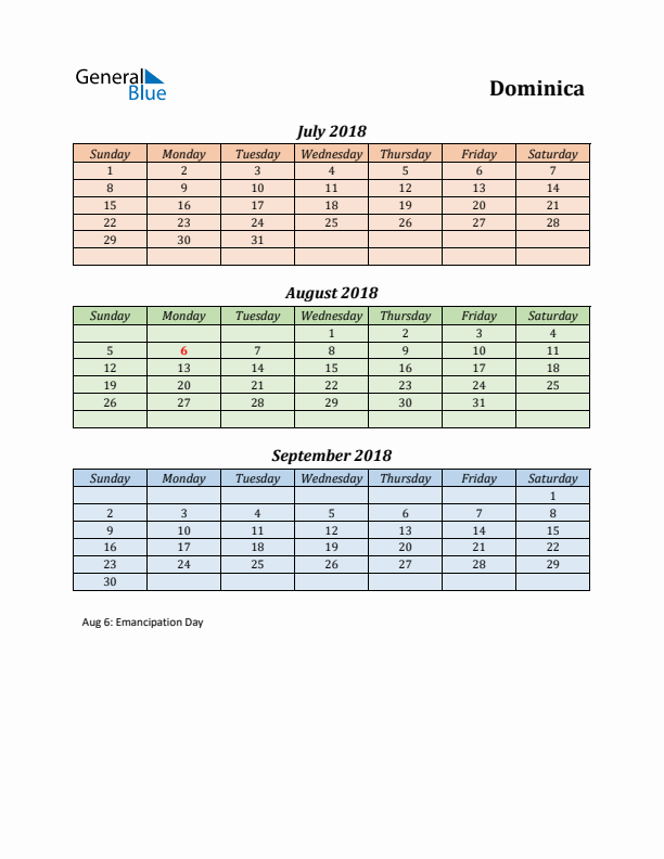 Q3 2018 Holiday Calendar - Dominica