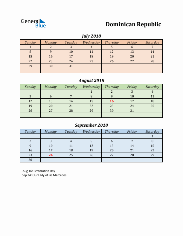 Q3 2018 Holiday Calendar - Dominican Republic