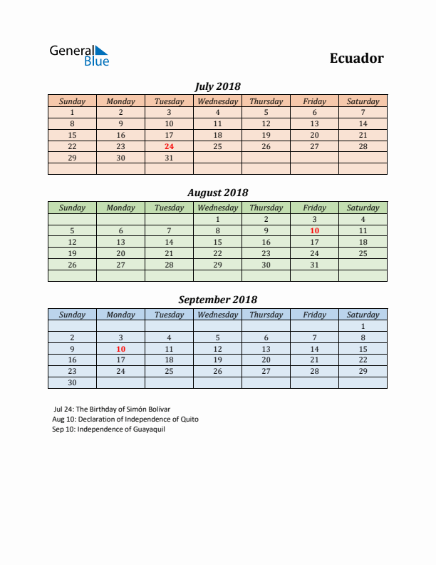 Q3 2018 Holiday Calendar - Ecuador