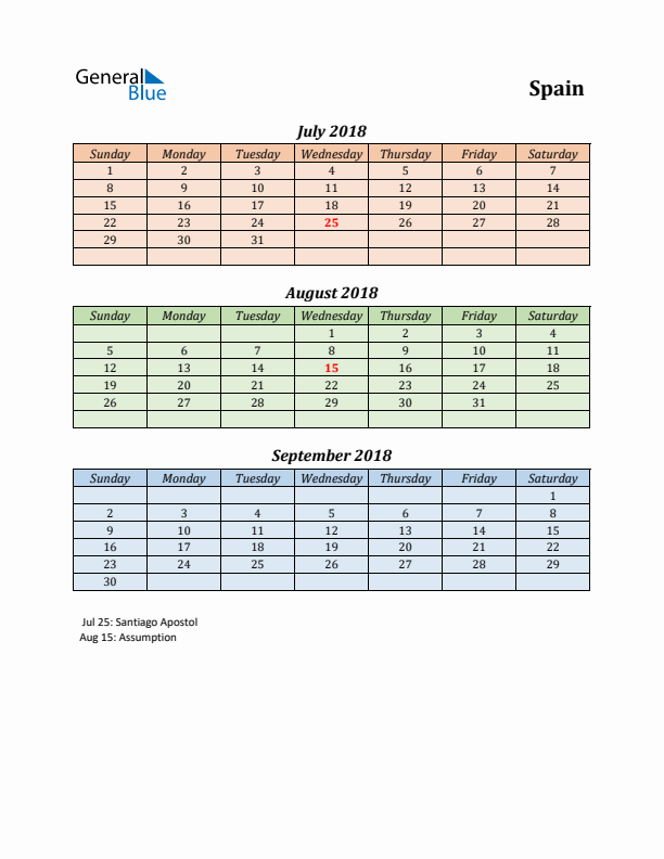 Q3 2018 Holiday Calendar - Spain