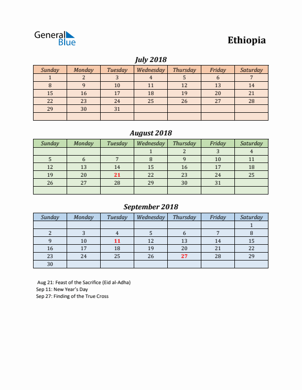 Q3 2018 Holiday Calendar - Ethiopia