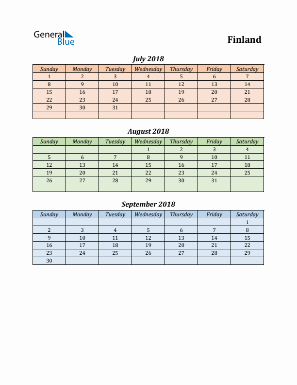 Q3 2018 Holiday Calendar - Finland