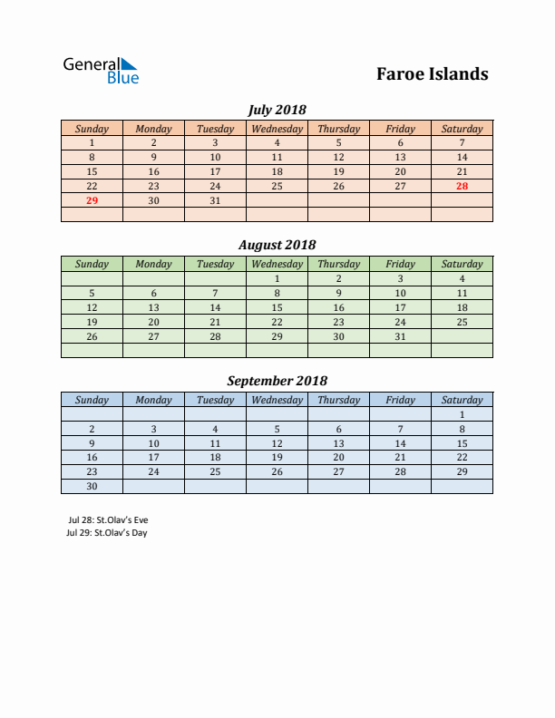 Q3 2018 Holiday Calendar - Faroe Islands