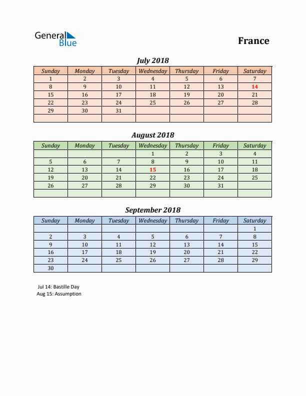 Q3 2018 Holiday Calendar - France