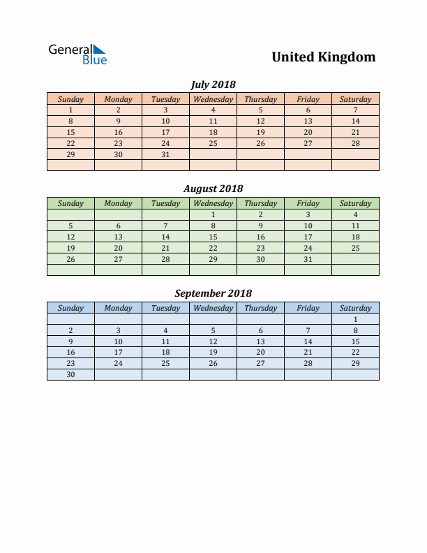 Q3 2018 Holiday Calendar - United Kingdom