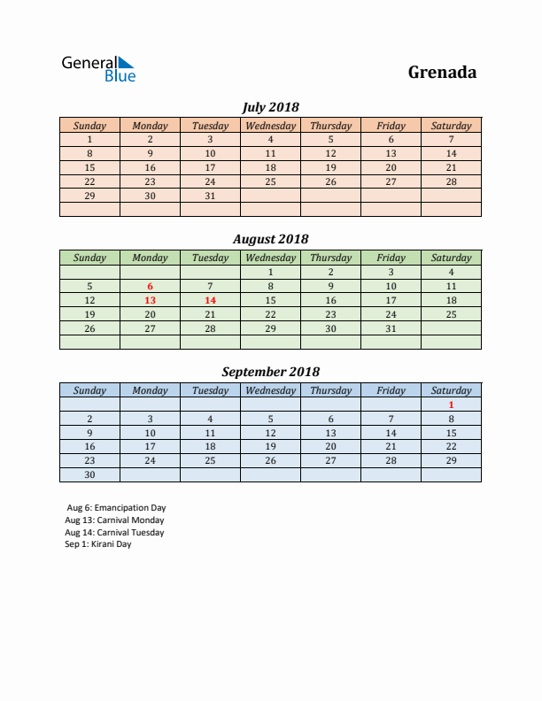 Q3 2018 Holiday Calendar - Grenada