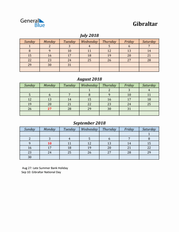 Q3 2018 Holiday Calendar - Gibraltar