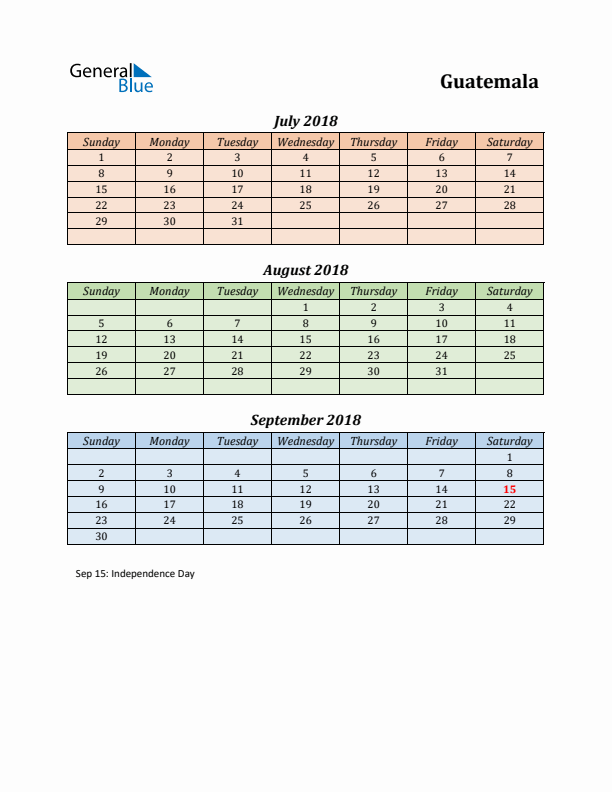 Q3 2018 Holiday Calendar - Guatemala