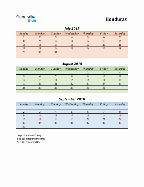 Q3 2018 Holiday Calendar - Honduras