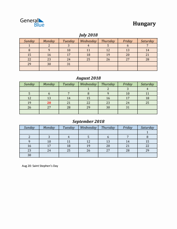 Q3 2018 Holiday Calendar - Hungary