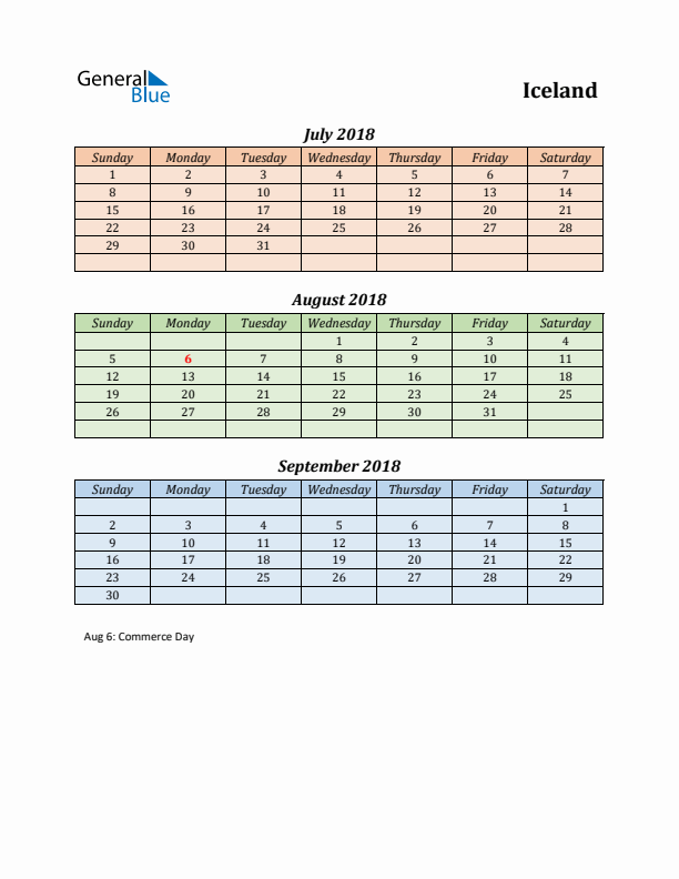 Q3 2018 Holiday Calendar - Iceland