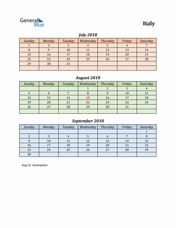 Q3 2018 Holiday Calendar - Italy