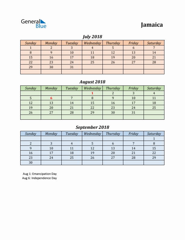 Q3 2018 Holiday Calendar - Jamaica