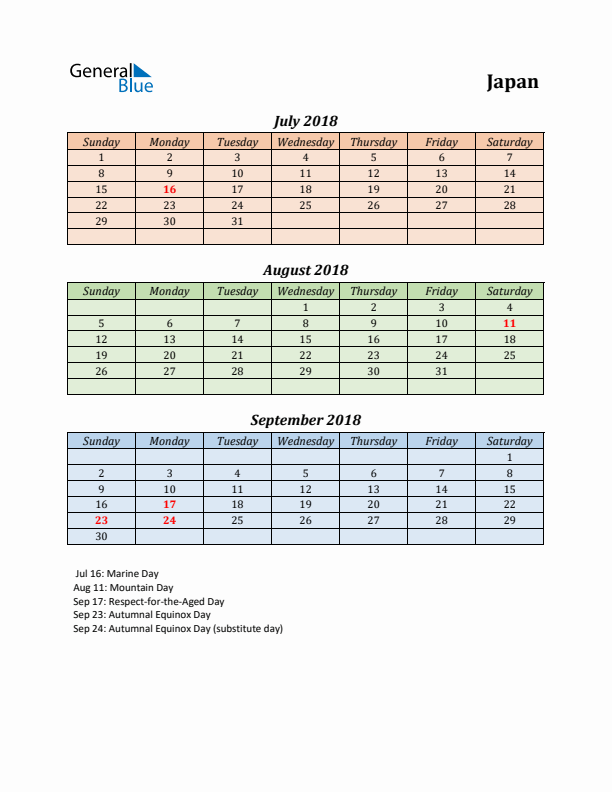 Q3 2018 Holiday Calendar - Japan