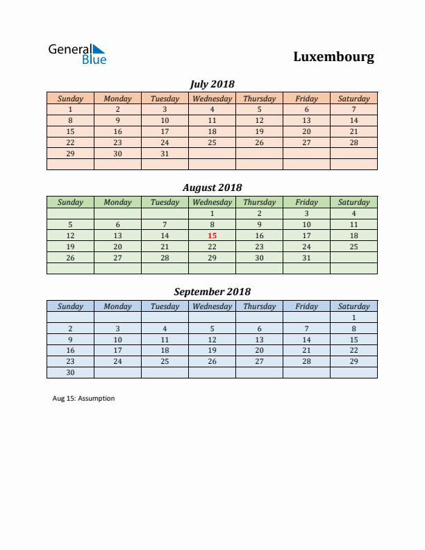 Q3 2018 Holiday Calendar - Luxembourg