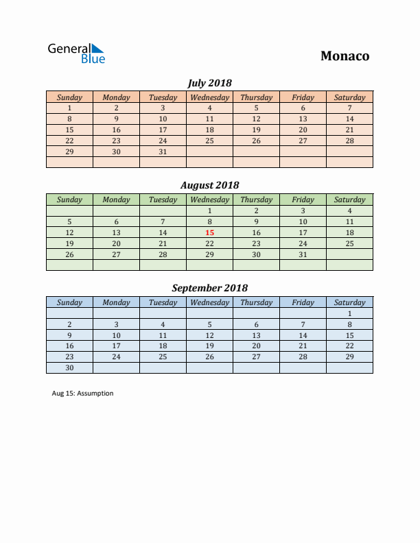 Q3 2018 Holiday Calendar - Monaco