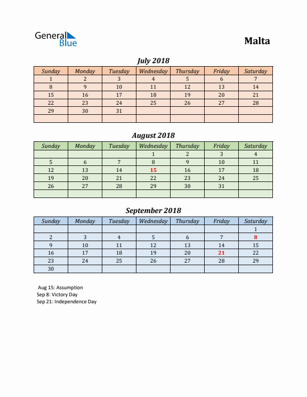 Q3 2018 Holiday Calendar - Malta