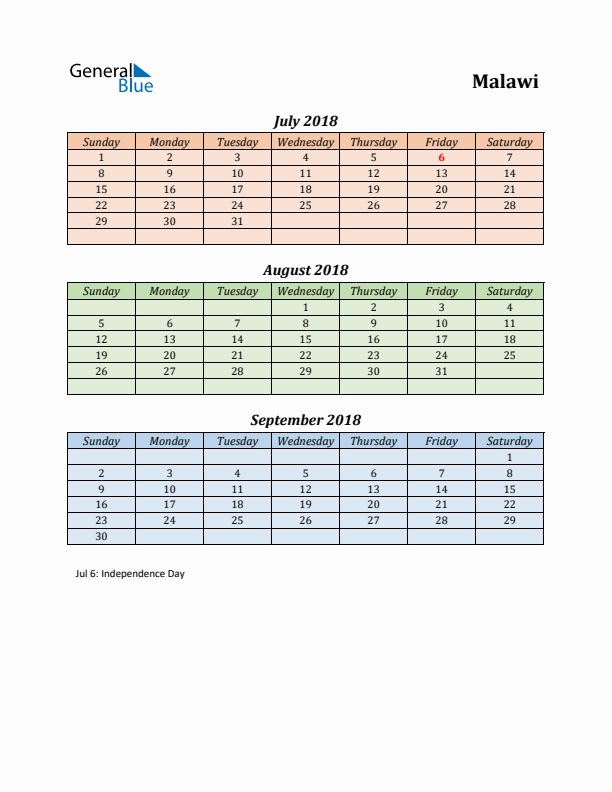 Q3 2018 Holiday Calendar - Malawi