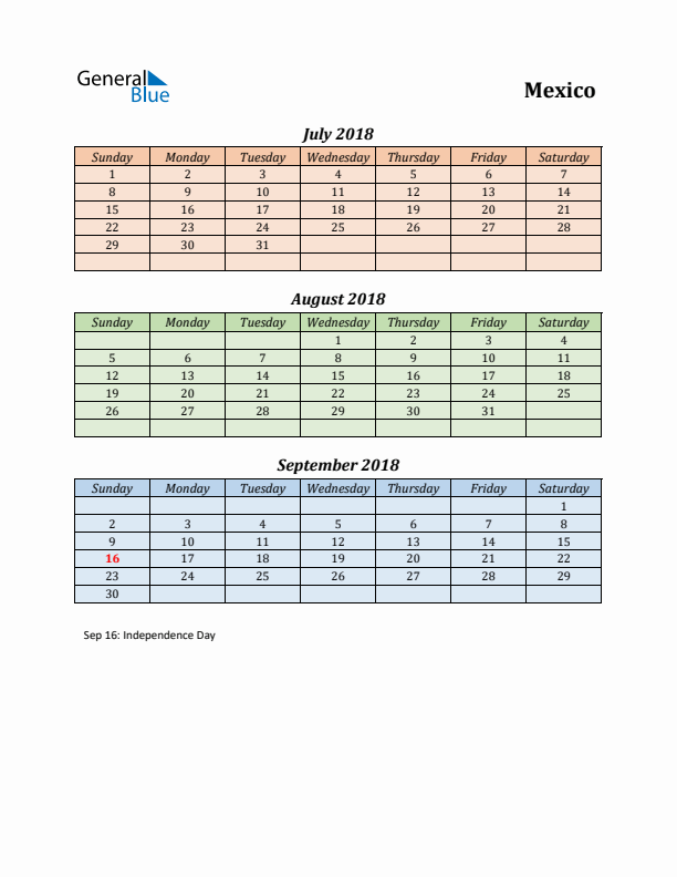 Q3 2018 Holiday Calendar - Mexico